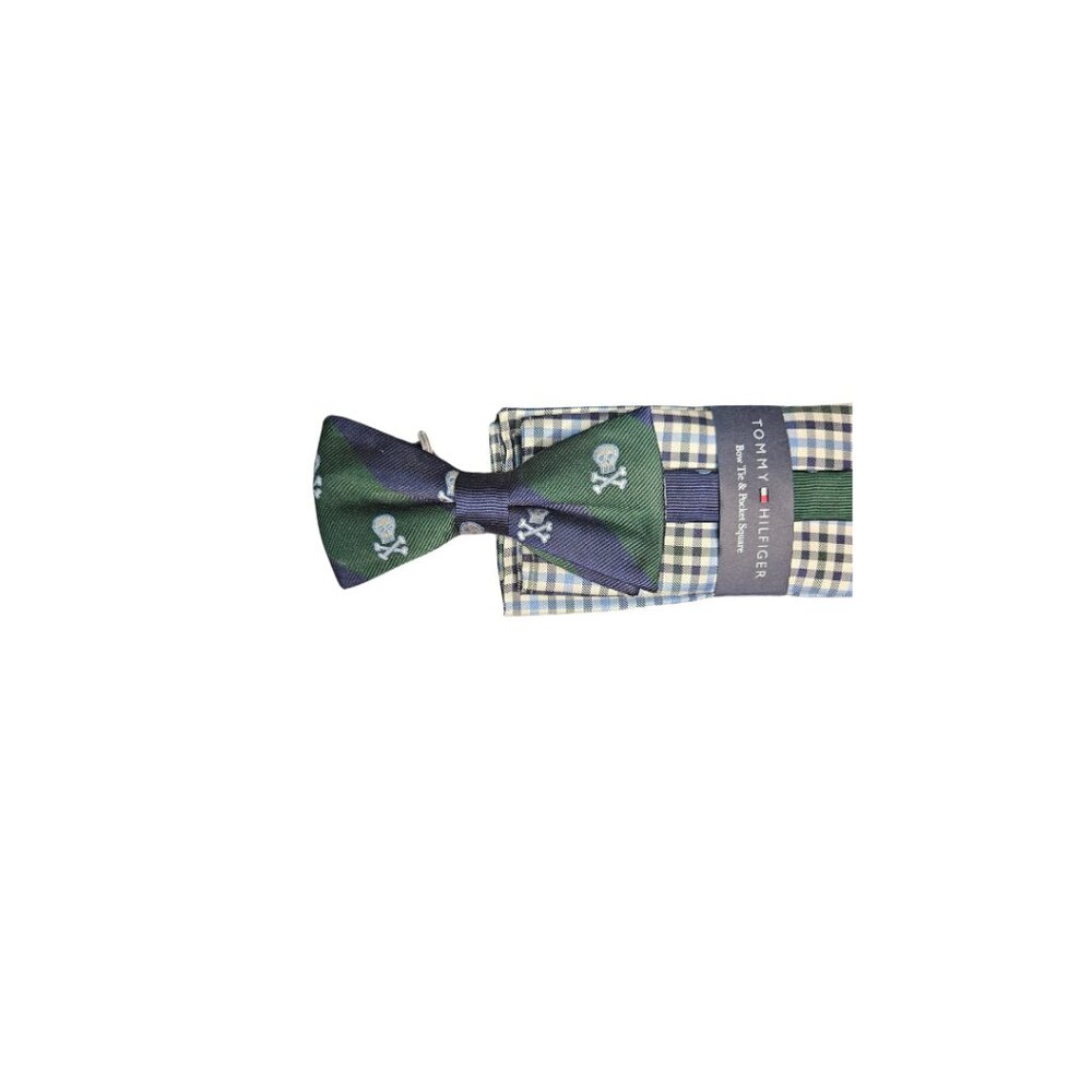Tommy Hilfiger Blue & Green Silk Skull and Crossbones Bow Tie with Pocket Square